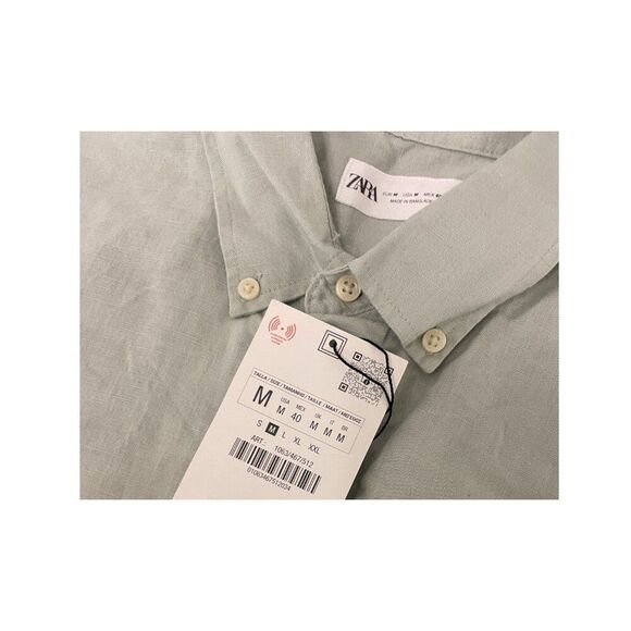 Zara Mens Linen Shirt M Medium Light Green Button Down Long Sleeve 1063/467 NWT - Picture 5 of 9